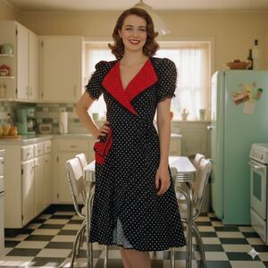 H&R London Rockabillie Polka Dot Wrap Dress Blue Red Retro 50s Lace